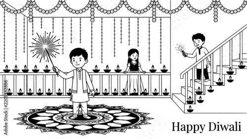 Happy diwali greeting card design with children celebrating with sparklers vector