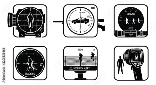 Surveillance equipment silhouettes depict security cameras thermal imaging and target acquisition detection