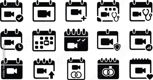 Video call calendar icon set in solid black silhouette