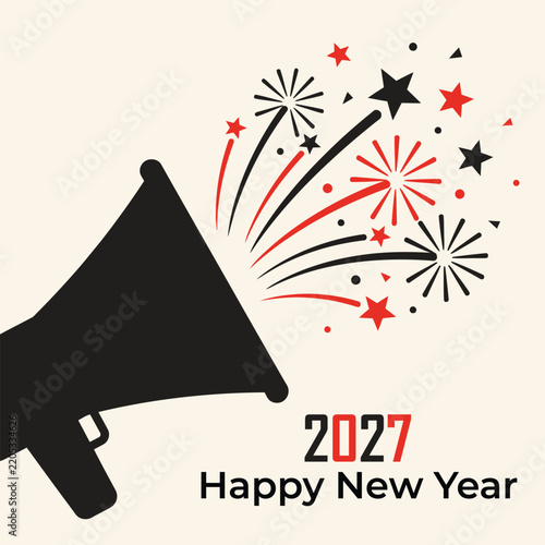 Megaphone announcing 2027 happy new year celebration with fireworks and stars