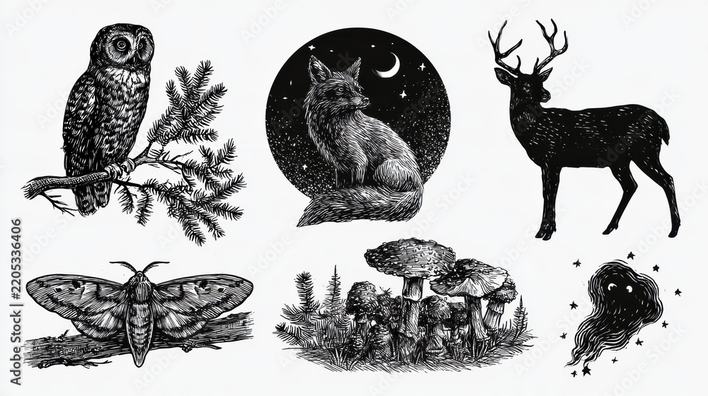 Obraz premium Hand-drawn sketches of forest creatures owl on a branch, fox in moonlight, deer silhouette, moth, mushrooms, and will-o-wisp.