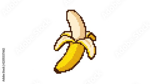 Pixel art banana fruit icon isolated on white background for retro gaming design
