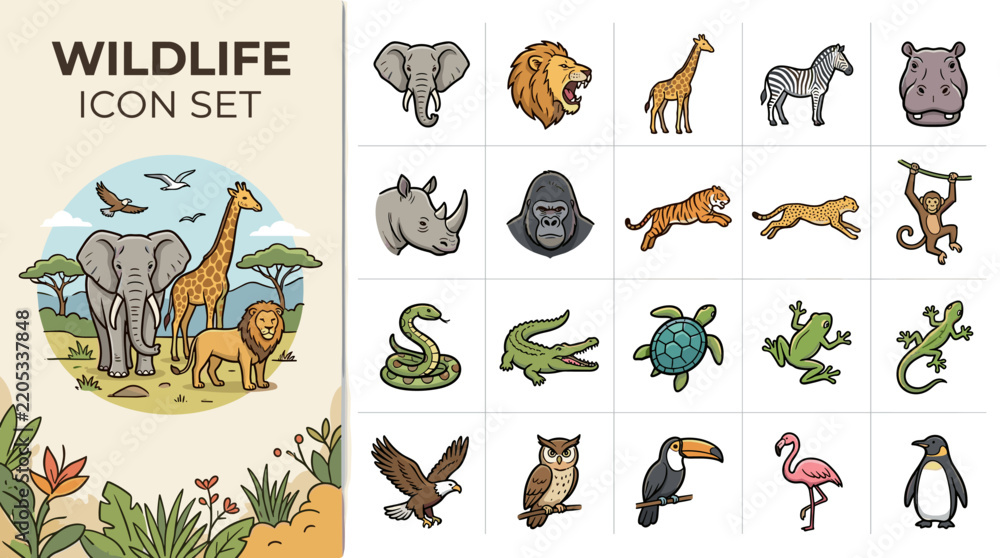 Obraz premium Wildlife icon set featuring diverse African and global animals like lions, elephants, giraffes, and birds in a modern vector illustration style for educational and design projects.