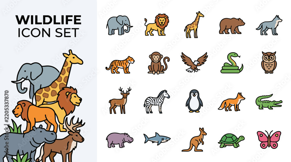 Obraz premium Comprehensive collection of flat line wildlife animal icons including elephant, lion, giraffe, bear, wolf, tiger, monkey, eagle, snake, owl, deer, zebra, penguin, fox and shark.