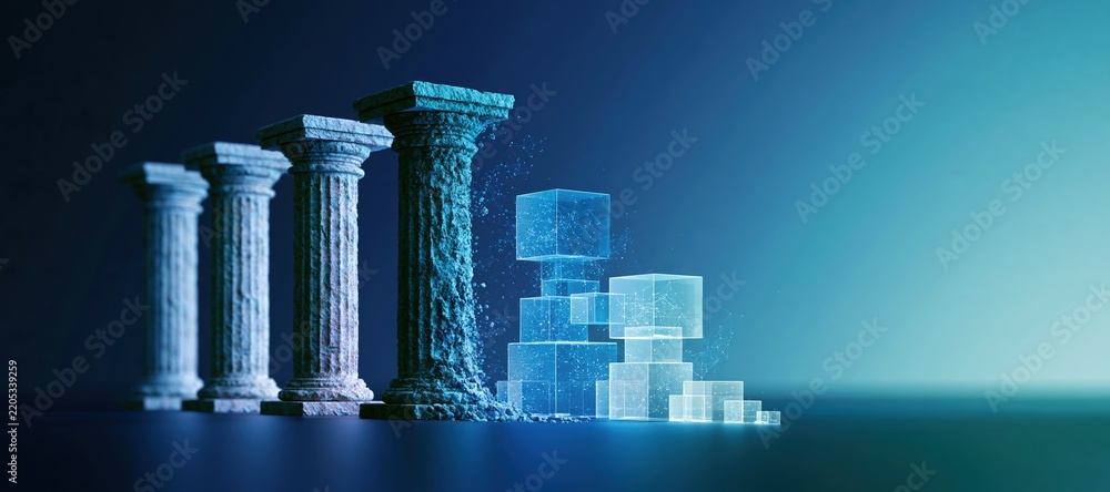 Fototapeta premium Banking columns transforming into digital data cubes with elegant blue lighting