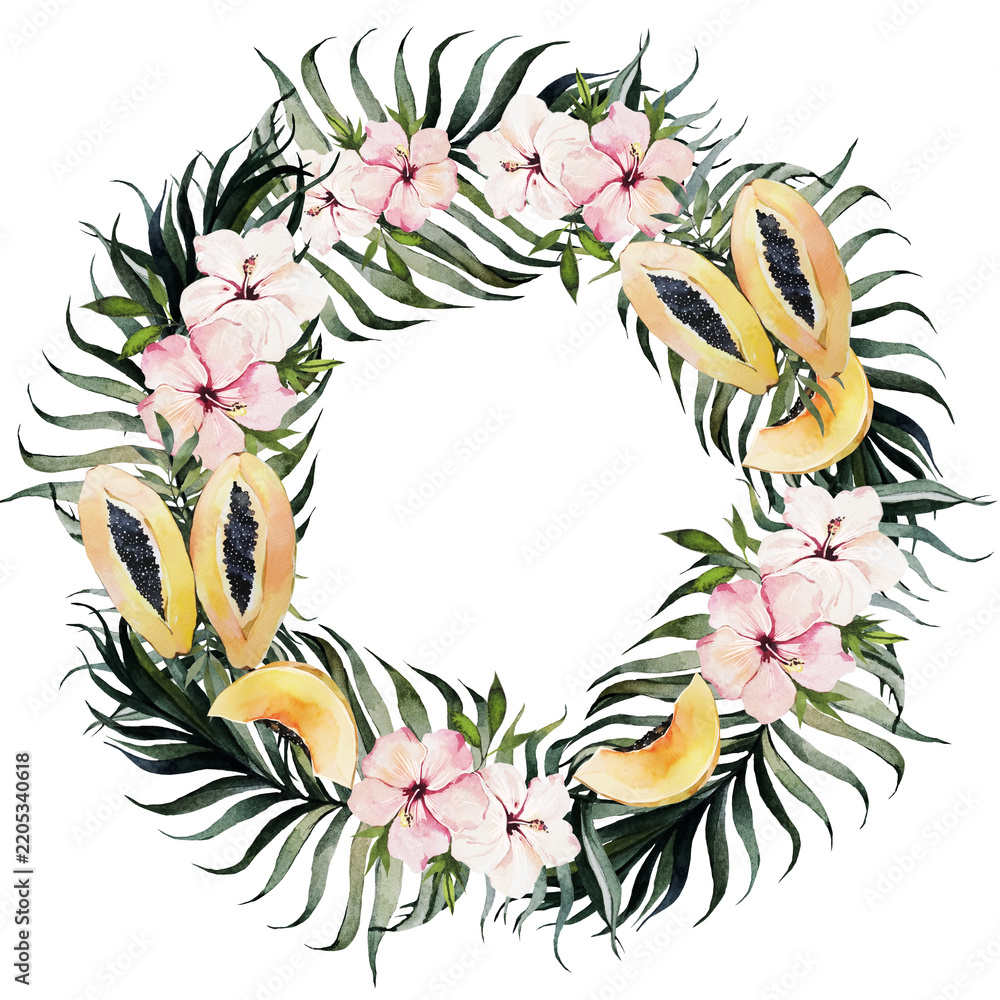 Obraz premium Tropical papaya and hibiscus wreath with an open center