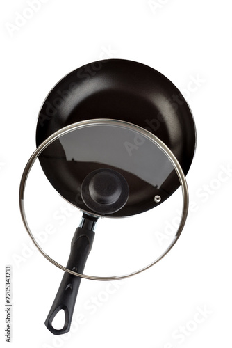 Top-Down Studio View of New Non-Stick Frying Pan with Glass Lid Isolated on White