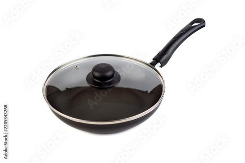New Non-Stick Frying Pan Covered with Glass Lid Perspective View
