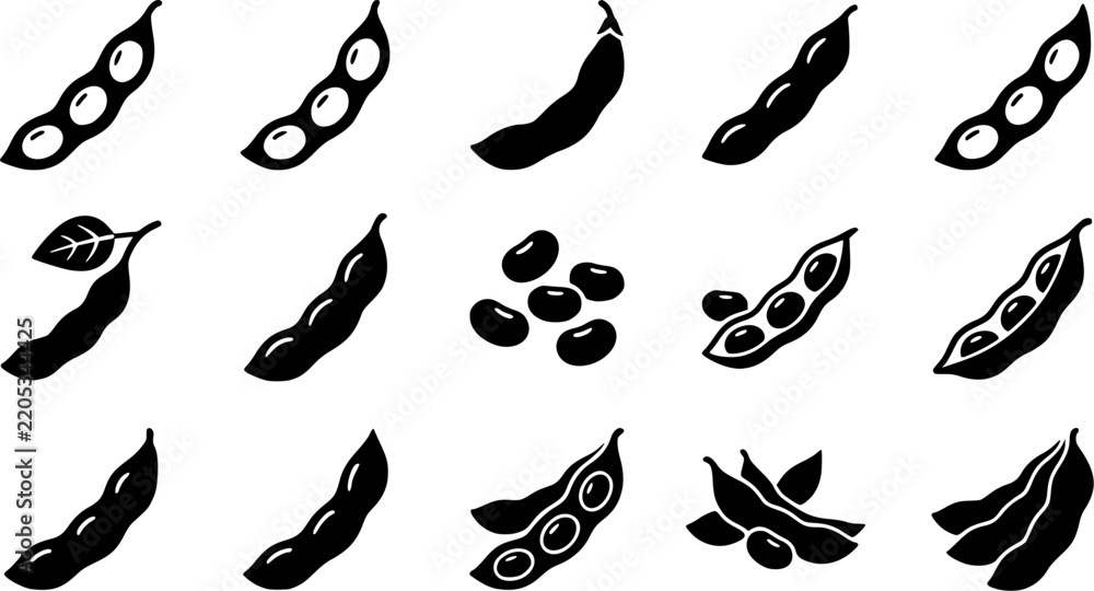 Fototapeta premium Edamame Pod & Bean Silhouette Icon Set. Collection of food & culinary silhouettes, including edamame pod & bean, detailed plant-based and alt-protein shapes, and more.