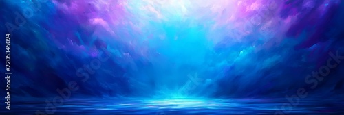 Abstract oil painting background with blue purple clouds and glowing water reflection wide panorama