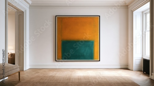 A large painting with dark amber and teal colors shows a cat silhouette as negative space in a modern gallery.