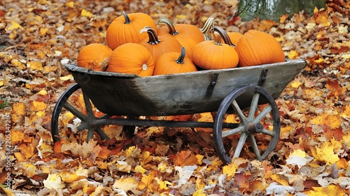 A wooden wheelbarrow filled with pumpkins and surrounded leaves