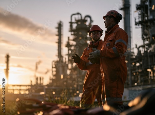 Two industrial workers talking at an oil refinery at sunset