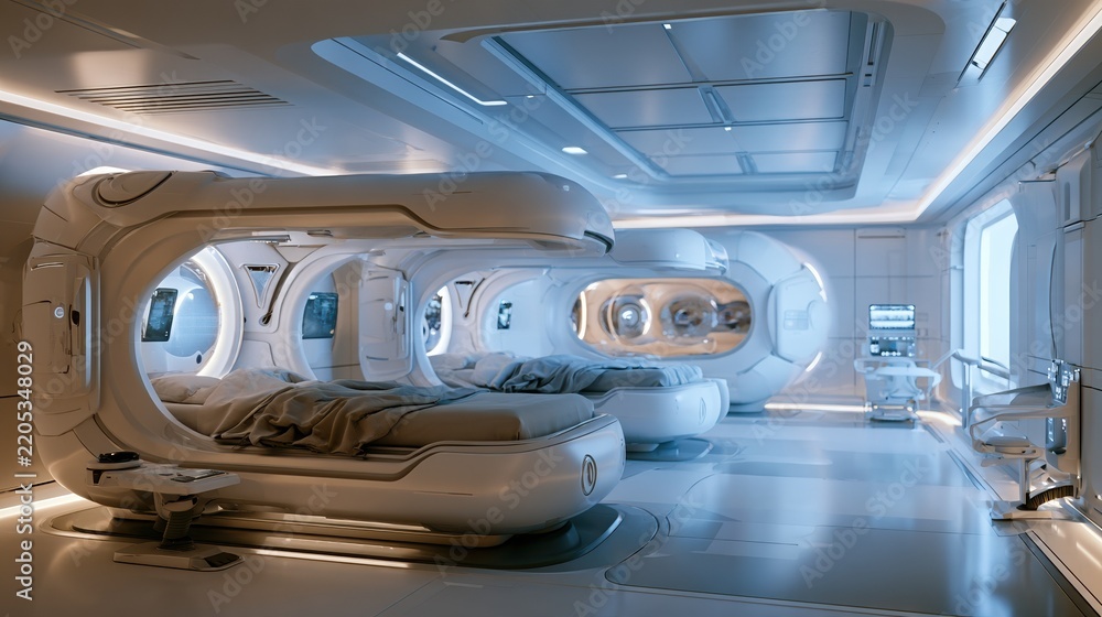 Obraz premium Futuristic hospital room with capsule sleep pods, sci-fi medical technology interior
