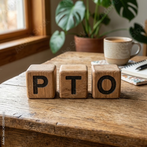 PTO Wooden Blocks on Rustic Table with Coffee and Plant Work Life Balance Concept