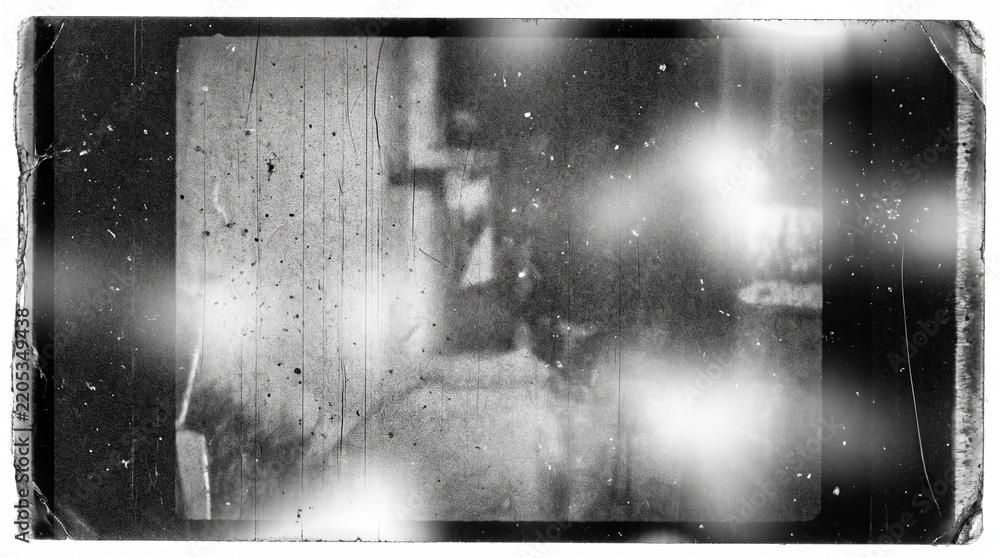 Obraz premium Old film texture with scratches, noise and light leaks. Realistic transparent overlay film texture in black-white, dust and grain. Distressed retro movie or photo negative effect of cinema nostalgia
