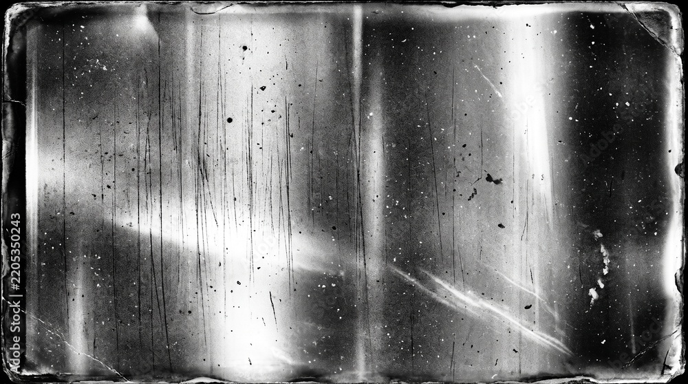 Obraz premium Old film texture with scratches, noise and light leaks. Realistic transparent overlay film texture in black-white, dust and grain. Distressed retro movie or photo negative effect of cinema nostalgia
