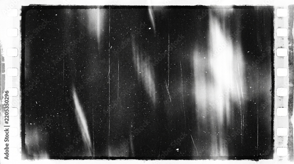 Obraz premium Old film texture with scratches, noise and light leaks. Realistic transparent overlay film texture in black-white, dust and grain. Distressed retro movie or photo negative effect of cinema nostalgia