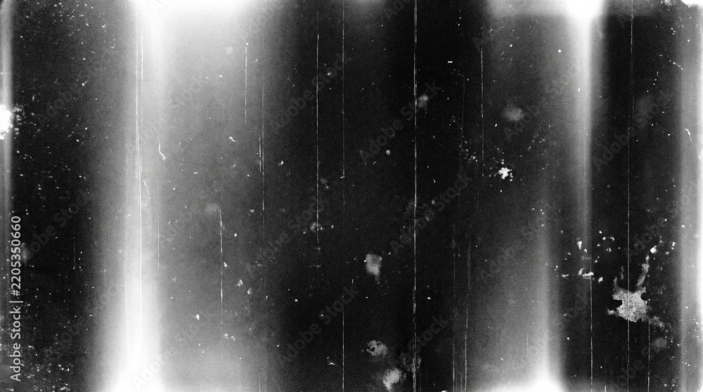 Obraz premium Old film texture with scratches, noise and light leaks. Realistic transparent overlay film texture in black-white, dust and grain. Distressed retro movie or photo negative effect of cinema nostalgia