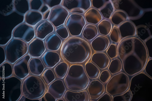 Macro visualization of a honeycomb-like cellular surface with translucent compartments
