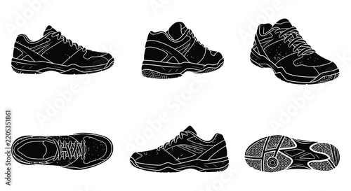 Black silhouette collection of various athletic shoes and sneakers on a white background