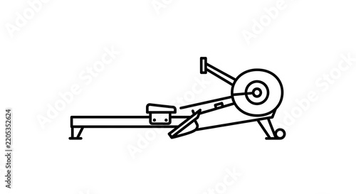 A simple black and white line art icon of a rowing machine for gym exercise with training cardiovascular workouts