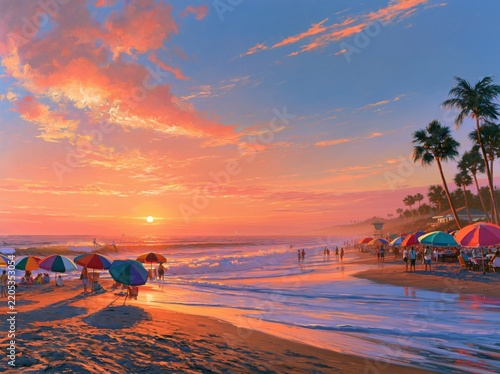 Colorful beach umbrellas on a tropical shore at sunset