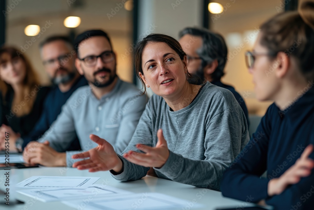 Fototapeta premium Diverse research team discussing diagrams in modern conference room