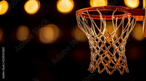 Close up of basketball hoop and net with dramatic golden stadium lights bokeh background