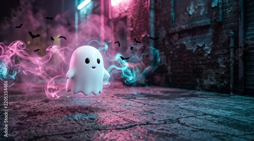 Cute white ghost floats through a smoky neon alley with bats, creating a playful Halloween banner with copy space