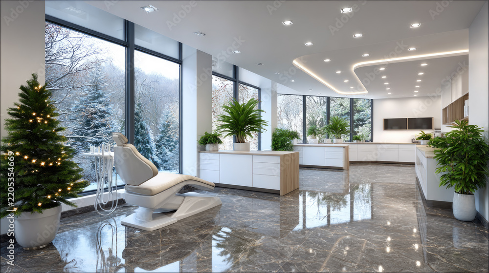 © syhin_stas - Modern dental clinic interior with a clean white dental chair and equipment, green plants and a decorated christmas tree beside large windows revealing a snowy winter forest view