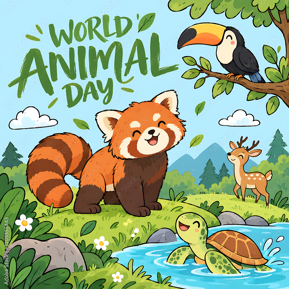 Fototapeta premium World animal day illustration with cute red panda, toucan, deer, and turtle in a forest landscape