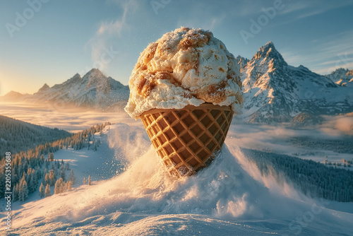 Surreal digital art - Ice cream cone on a snowy mountain