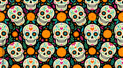 Seamless Día de los Muertos pattern with decorated Mexican sugar skulls and vivid orange marigold flowers scattered across a deep black background, Day of the Dead, calavera, cempasúchil, Mexican folk
