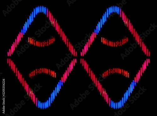 creative lighting installations with neon or LED light tubes in blue and red