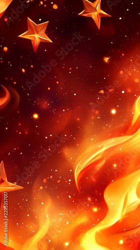 Glowing golden red stars with fiery flame waves and sparks vertical background