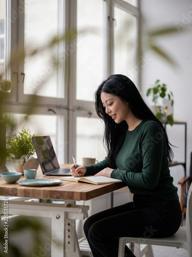 Focused young woman working on laptop at cozy home office desk