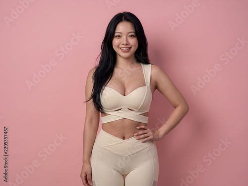 Confident woman posing in beige shapewear on pink background