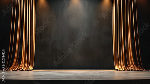 Elegant golden silk curtains on dark stage background with spotlight for award ceremony and theater display