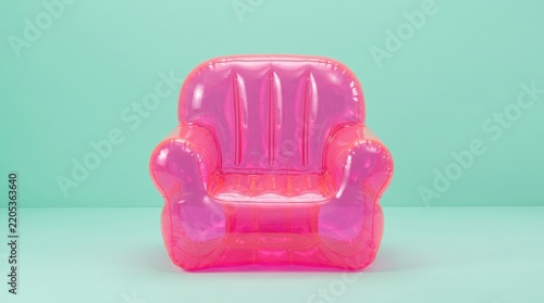 Vibrant pink inflatable armchair against a mint green background in studio lighting