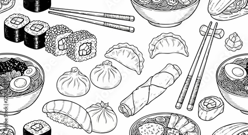 Seamless pattern with hand drawn asian food items like sushi ramen and dumplings.