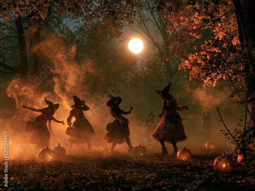 Witches dancing in a misty forest under a full moon
