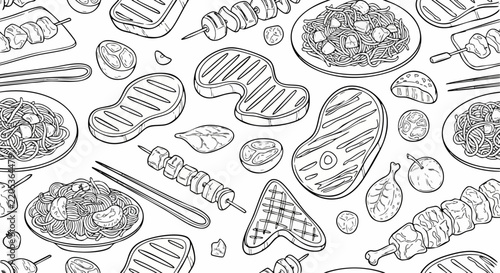 Seamless Pattern of Hand Drawn Grilled Meat Food Items.