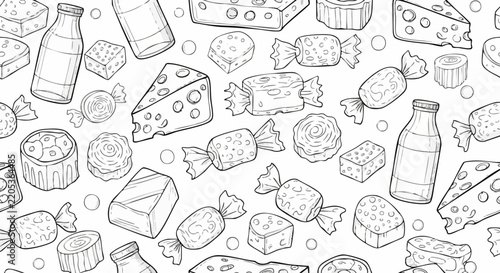 Seamless pattern of hand drawn dairy products and sweets.