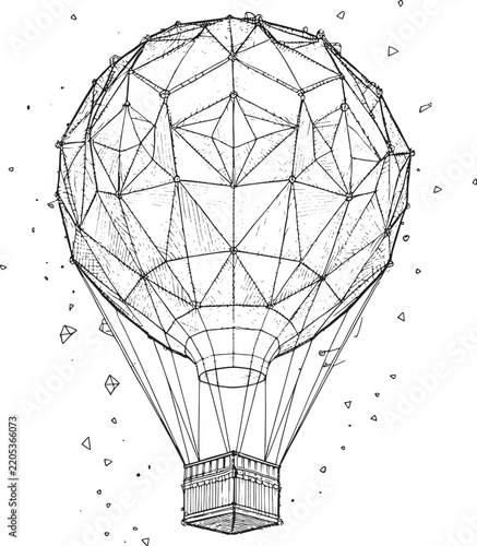 hot air balloon, A detailed black silhouette sketch of a vintage style hot air balloon floating upward