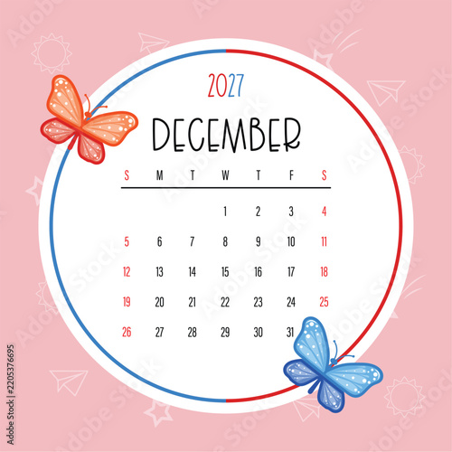 Cute December 2027 Kids Calendar Template with Colorful Butterflies