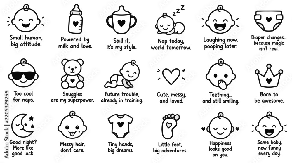 Obraz premium Baby Icons and Funny Quotes Collection with Cute Hand Drawn Line Art Nursery Illustrations
