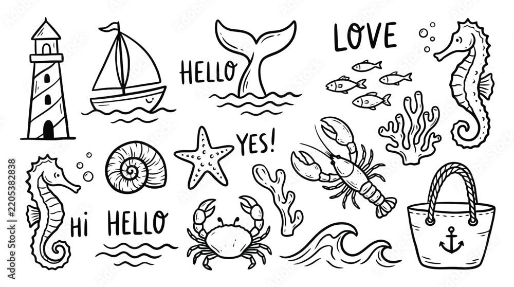 Fototapeta premium Nautical doodle icons vector set, hand drawn black and white ocean life line art illustrations, sea animal marine beach design collection