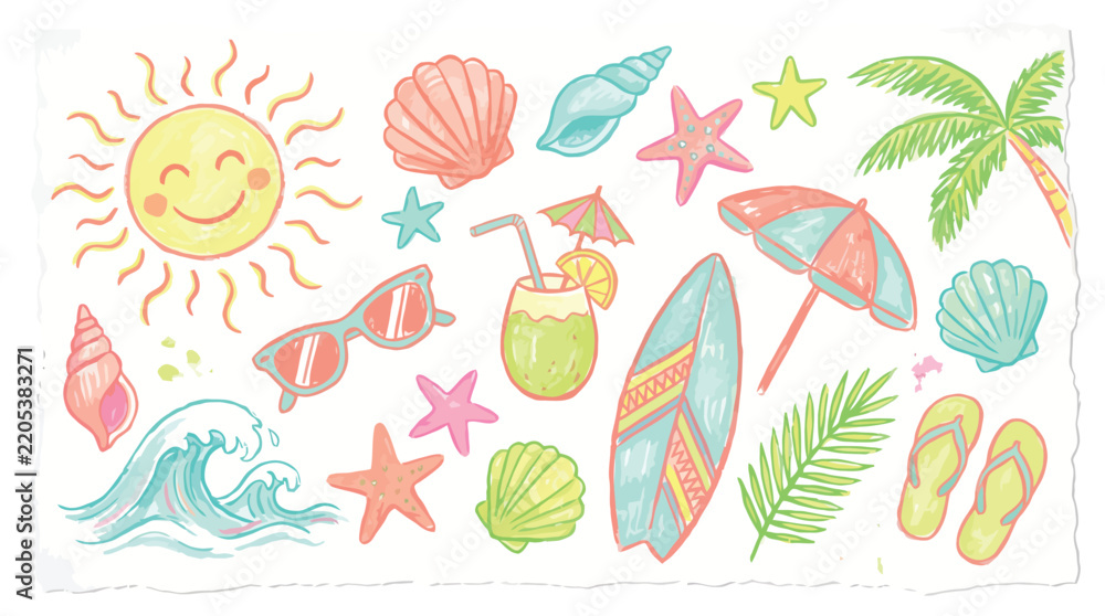 Obraz premium Cute summer beach clipart set, hand drawn pastel beach elements vector, cheerful vacation sun surfboard seashell coconut icon collection