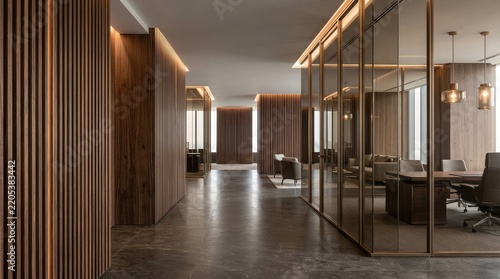 Background luxury office corridor featuring warm wood panels and meeting rooms